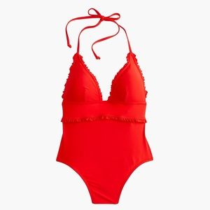 J.Crew Red Ruffle Halter One-Piece Swimsuit
